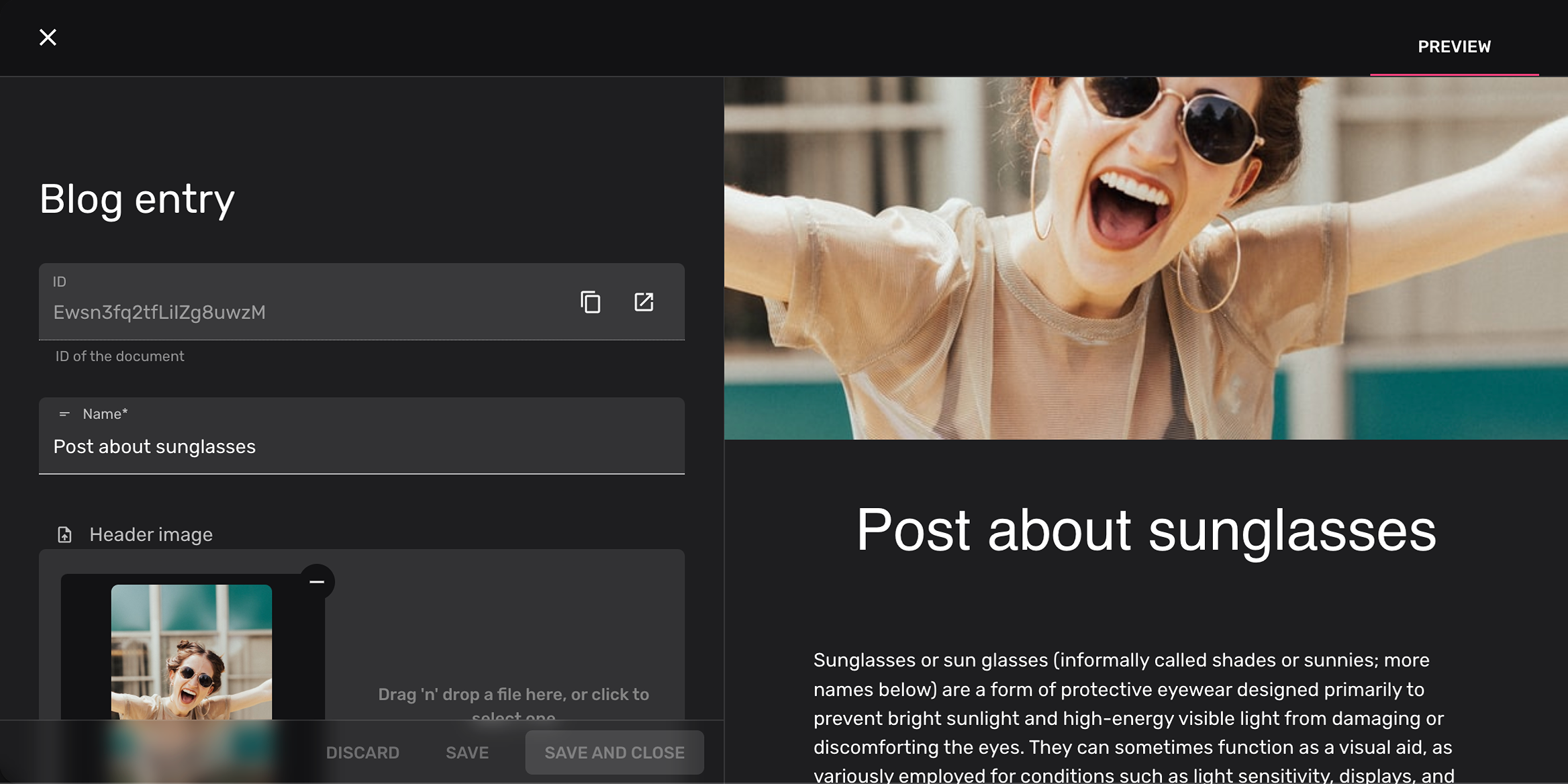 Blog entry editor with preview panel showing rich content