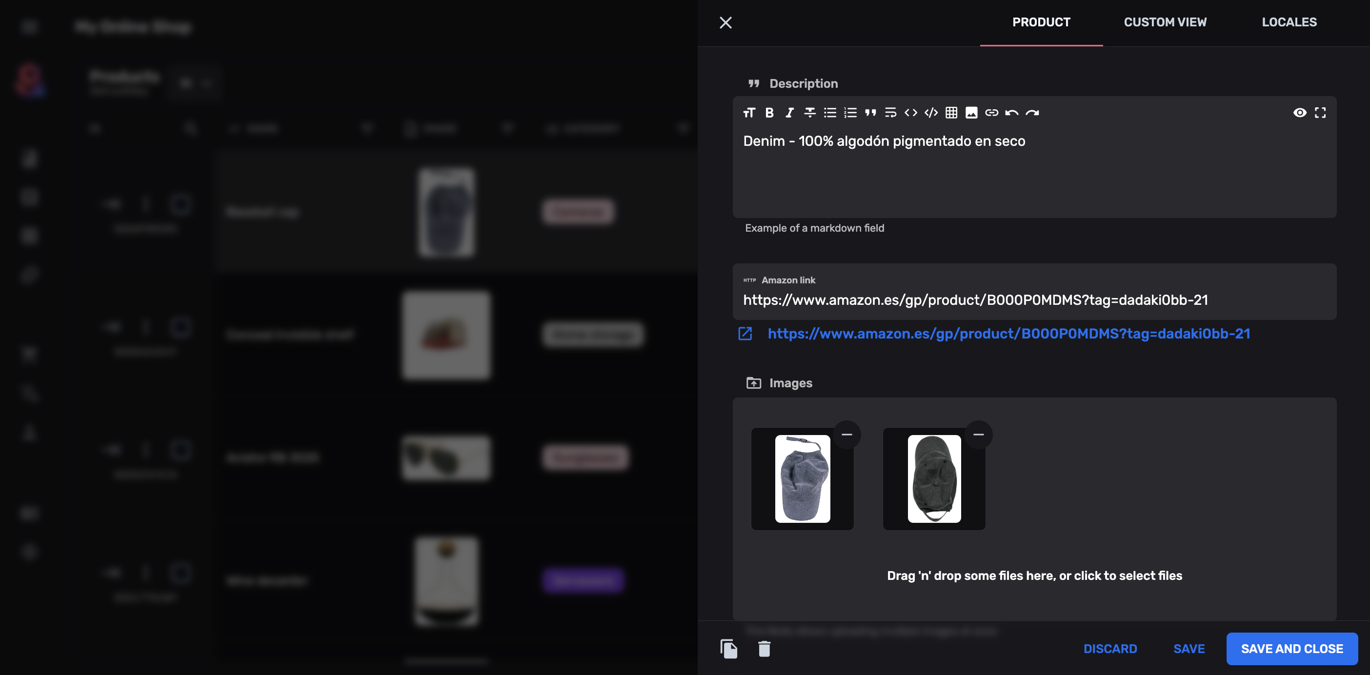 CMS entity editor with markdown toolbar, rich text fields, file upload areas, and inline product images — fully dark mode
