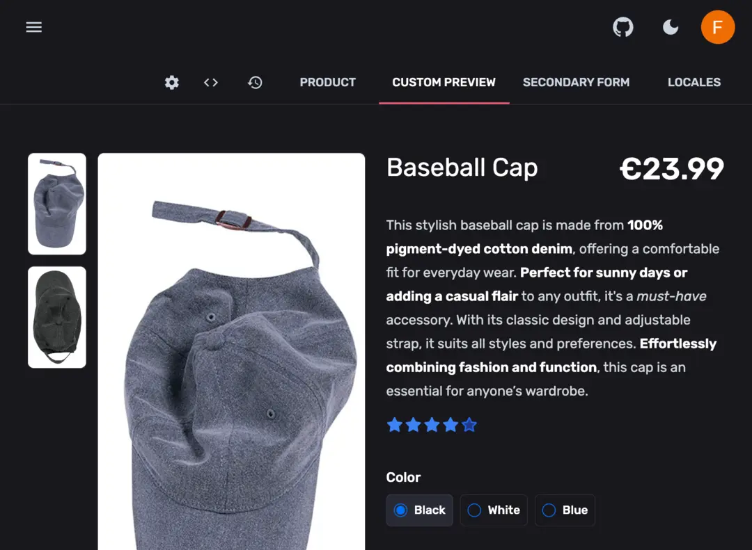 Rich entity detail view showing product information with images and fields