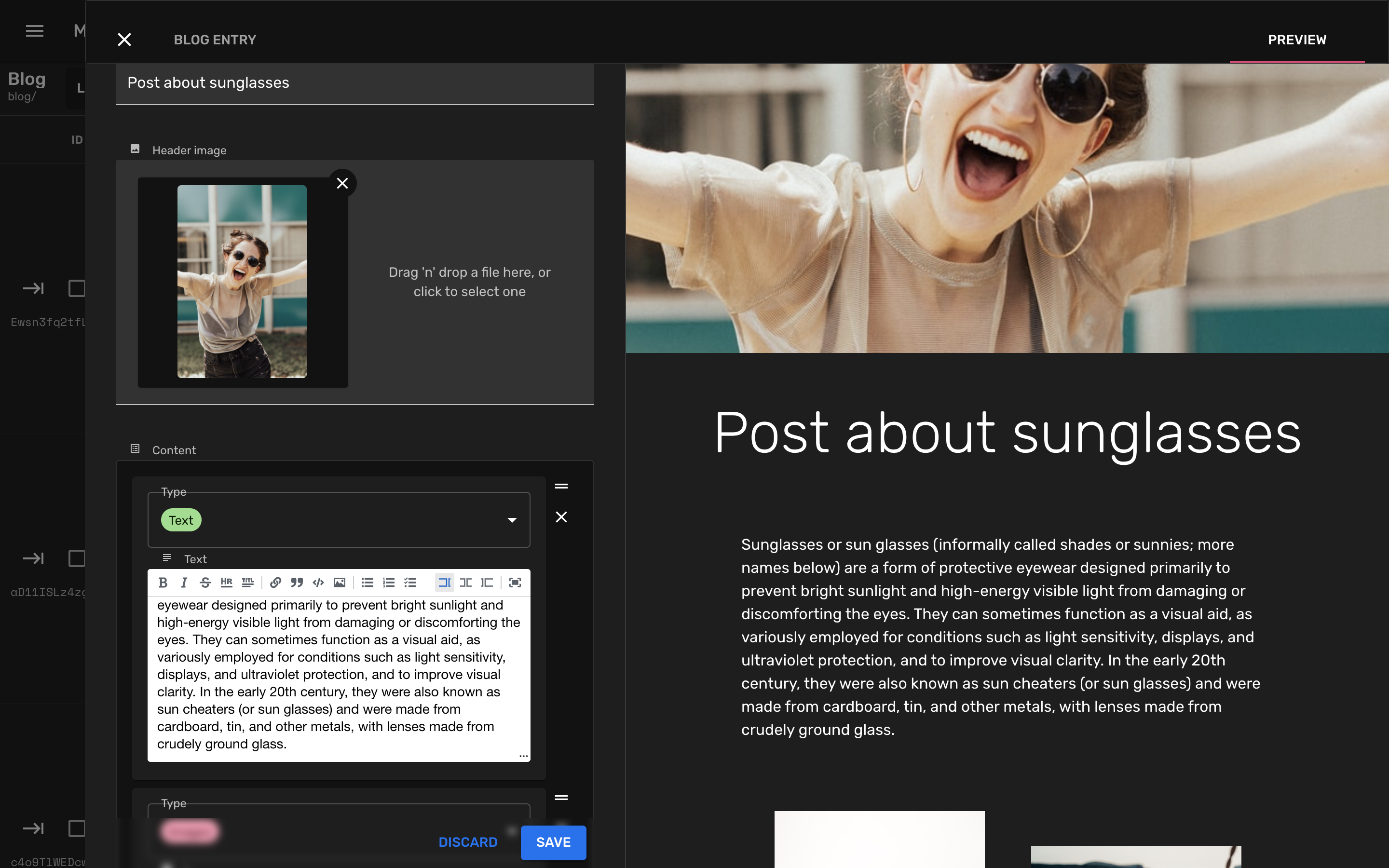 Blog entry editor with rich text toolbar, header image upload, and live preview panel — all in dark mode
