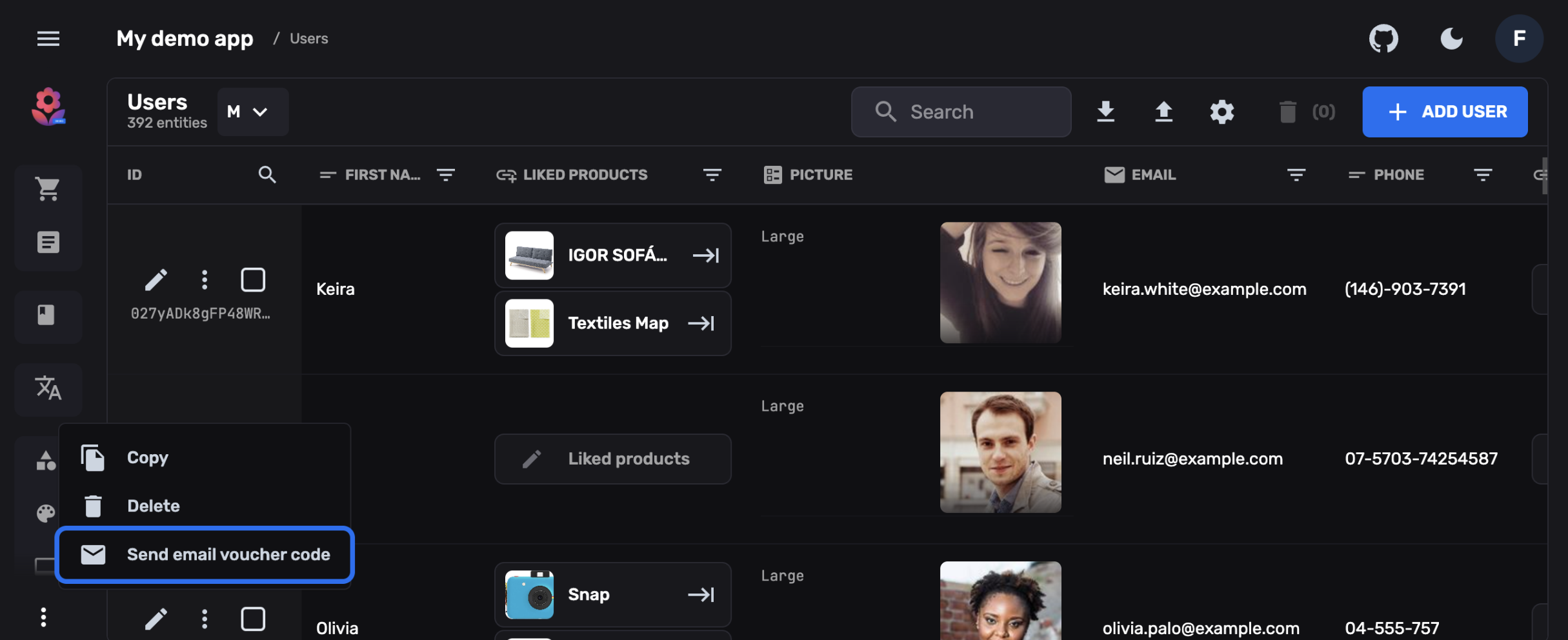 Screenshot of Rebase Admin Panel managing User Data
